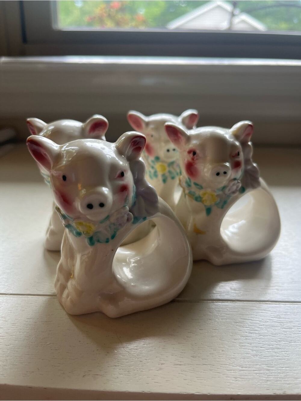 Vintage Cottagecore Kitchen Decor Ceramic Pig Napkin Rings Set of FOUR